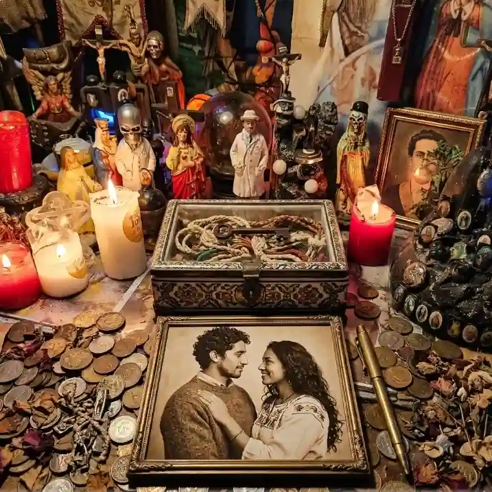 Altar místico con velas encendidas, elementos consagrados y fotografía de pareja para un ritual de amarre de amor en Bogotá.