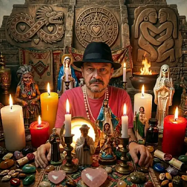 Maestro esotérico serio con sombrero negro frente a un altar con figuras místicas, velas encendidas y relieves ancestrales de parejas para endulzamientos de amor en Bogotá.