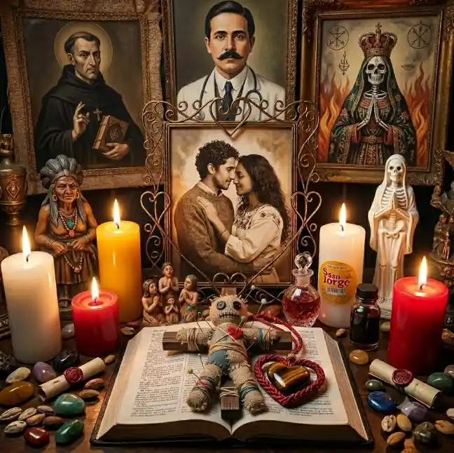 Altar esotérico con muñeco vudú en cruz, velas encendidas, imágenes de San Cipriano, San Gregorio, la Santa Muerte y retrato de pareja para hechizos de amor en Bogotá.