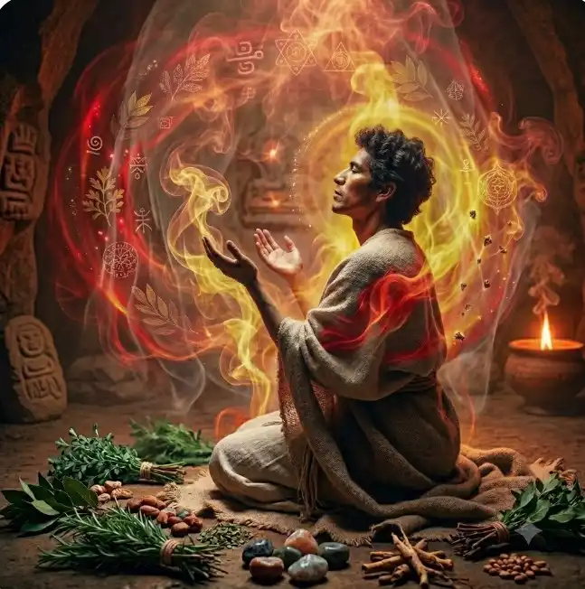 Hombre en meditación realizando una limpia espiritual en Bogotá, rodeado de hierbas sagradas, sahumerios y una energía de fuego translúcido rojo y amarillo.