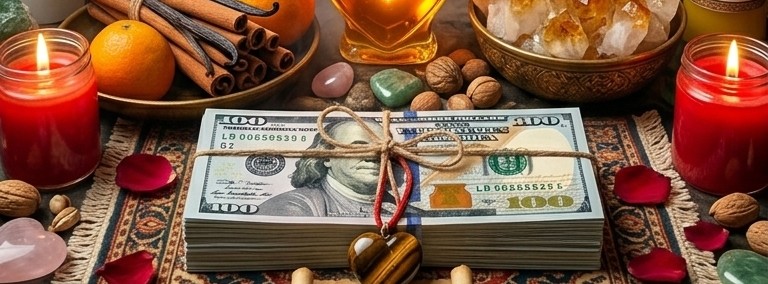 Altar esotérico completo en Bogotá para rituales de prosperidad y abundancia de amor, con billetes de dólares, monedas de oro, frasco de miel con forma de corazón, budas dorados y velas encendidas.